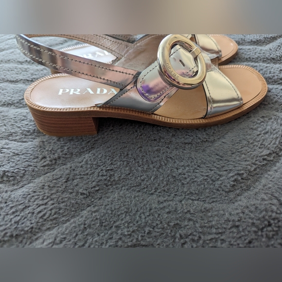 Authentic Prada Silver Leather Slingback Block-Heel Sandals Sz 37 7.5 - Picture 4 of 9